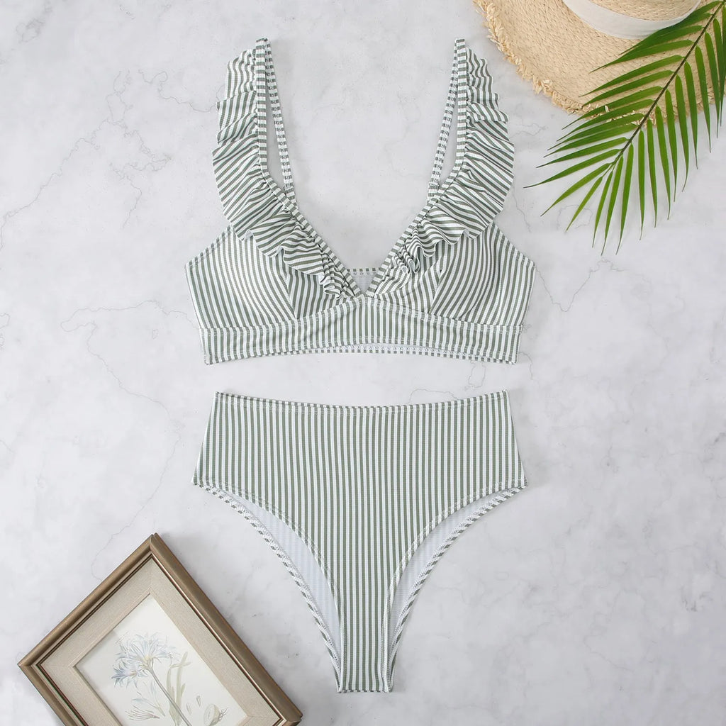 Women's striped split bikini set in black and white with high elasticity and quick-drying fabric