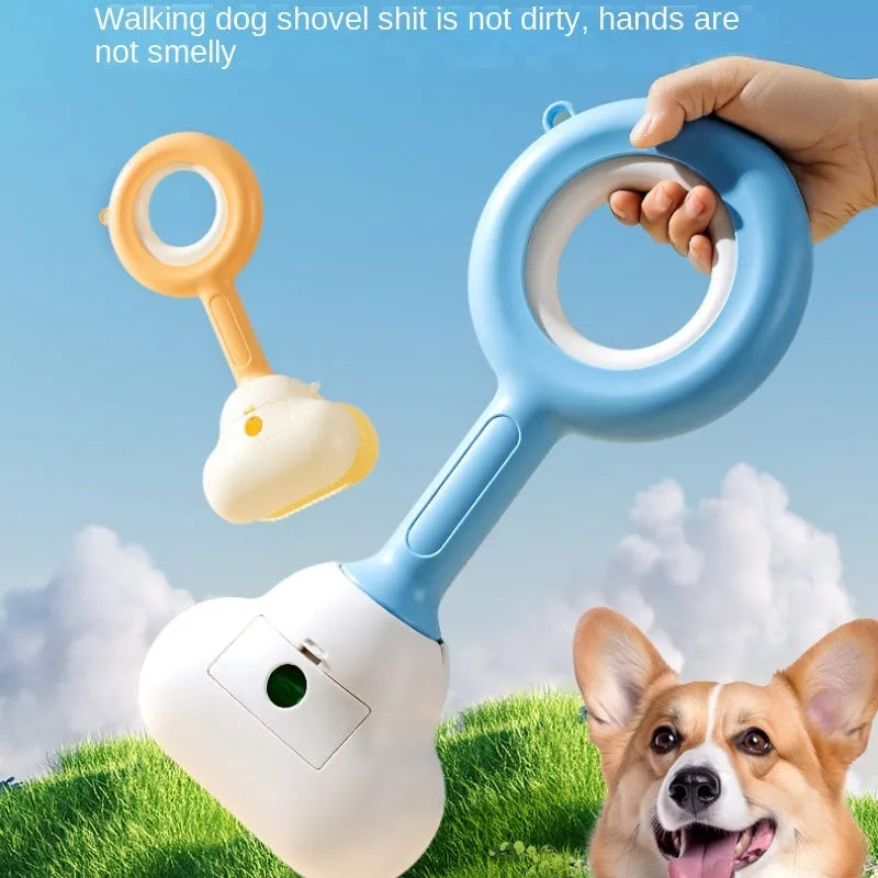 Pet dog pooper scooper with cloud shape jaw in blue colour on grass