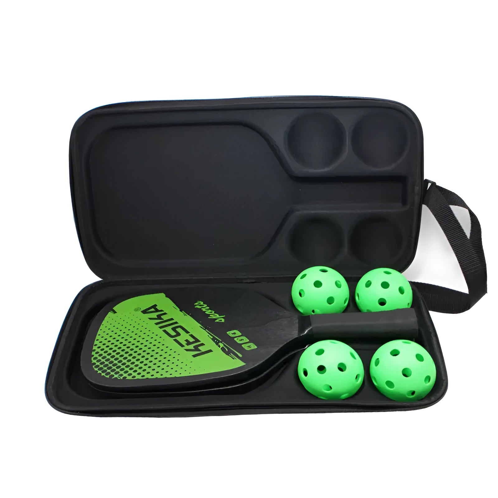 Black EVA pickleball shoulder storage bag showing double straps, sized for one paddle and four balls.