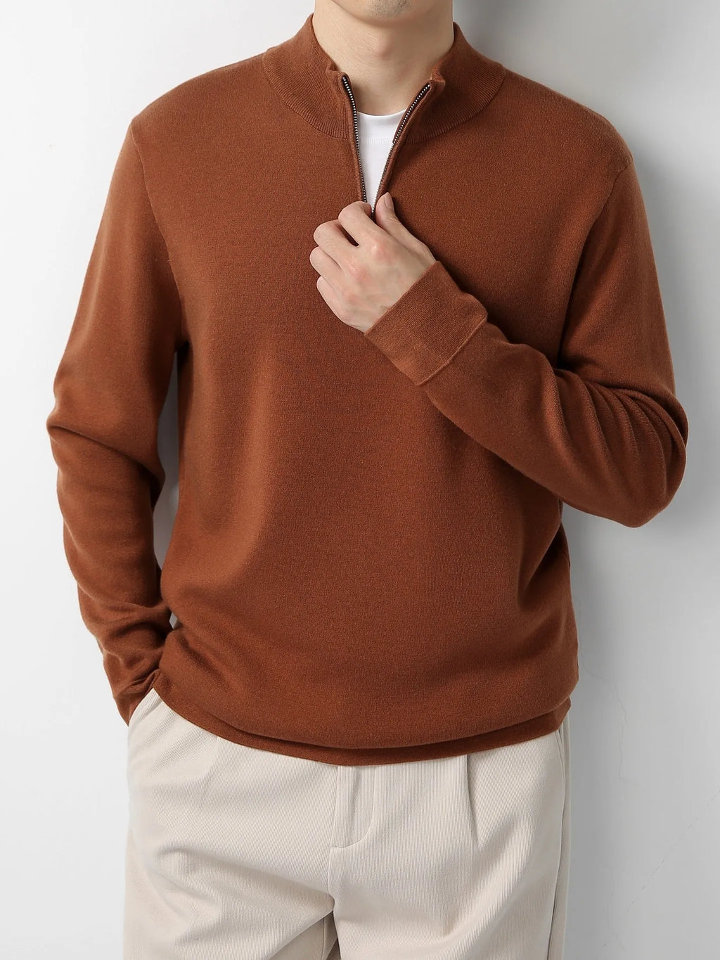 Men's merino wool zip stand collar sweater in light business style, machine washable, regular fit pullover
