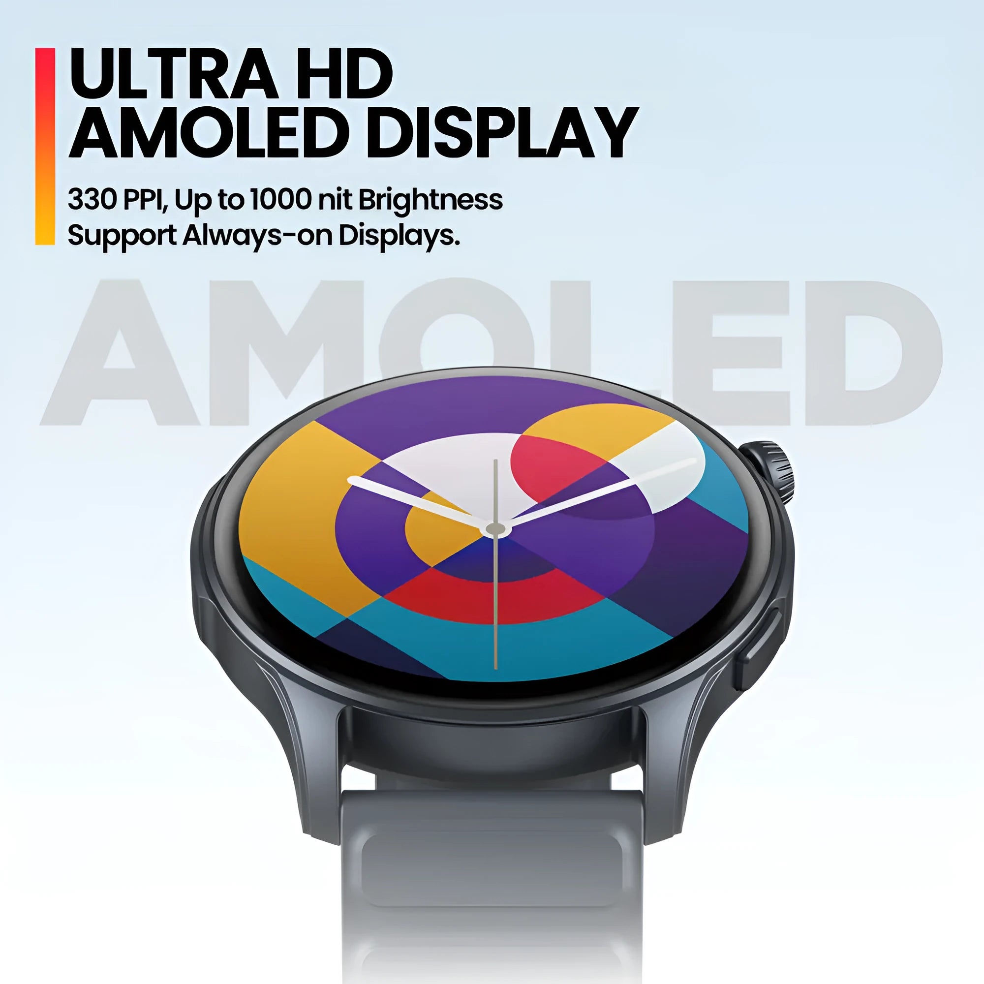 Smart watch with AMOLED display, Bluetooth calling, heart rate and blood oxygen sensors, available in pink gray blue