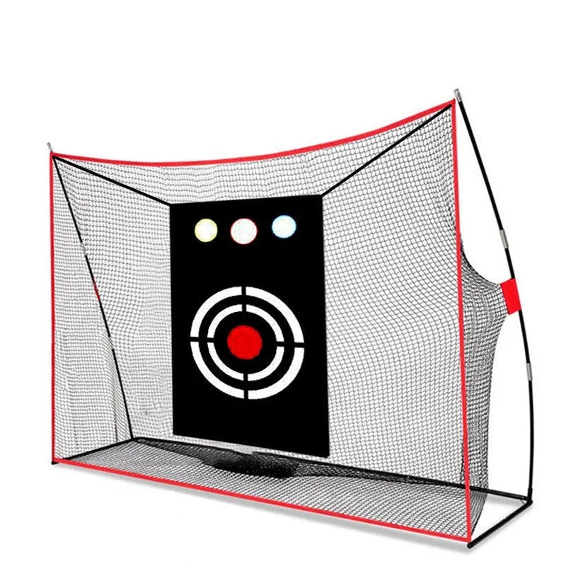 Golf swing wedge training net with 3-hole cross target, foam practice mat, and coloured practice balls