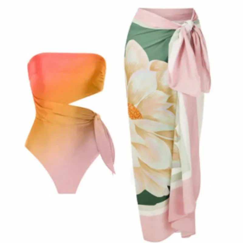 Women's retro French style printed one-piece swimsuit in quick-drying polyester fabric