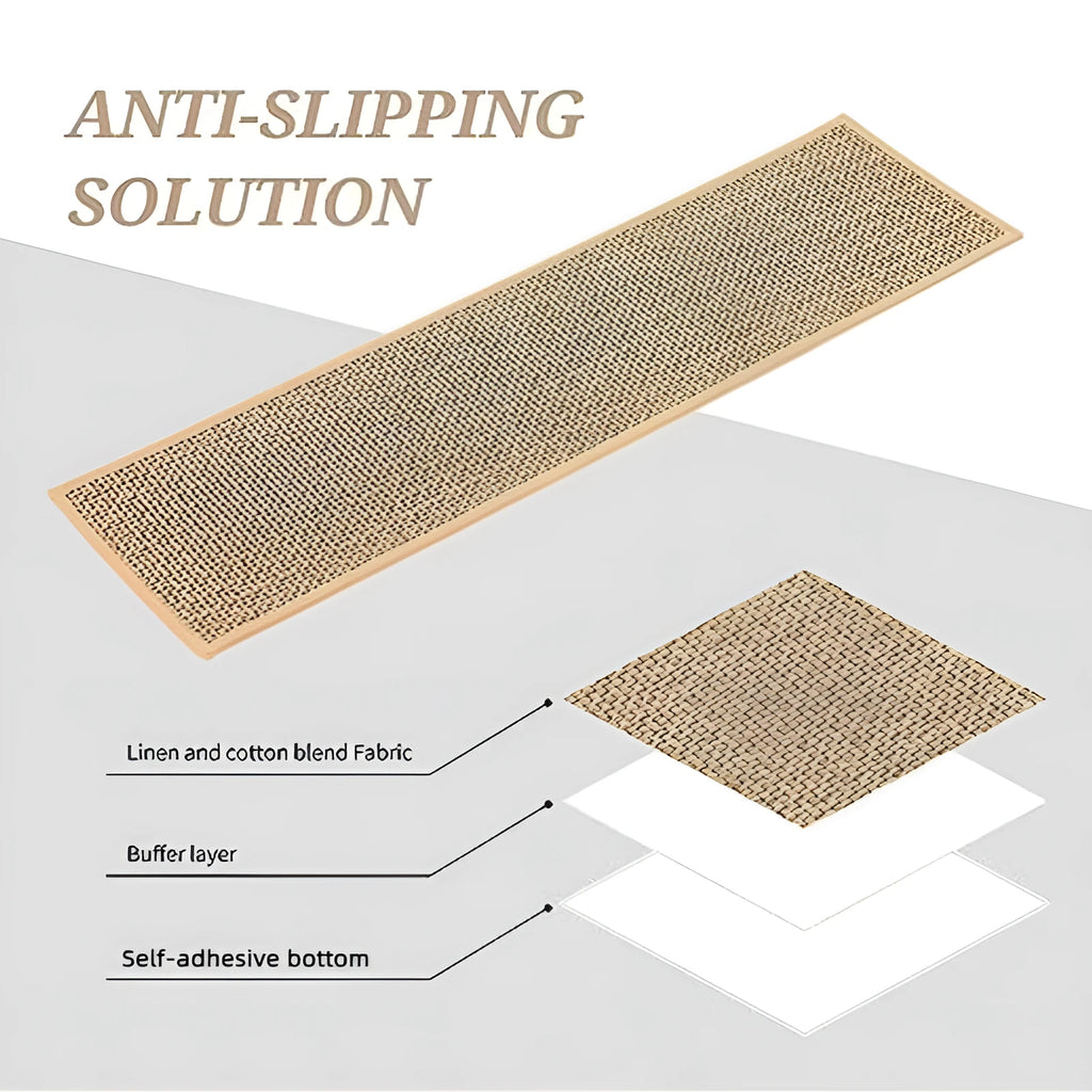 A long, narrow Japanese-style linen-textured stair mat in camel colour with a choice of rubber or self-adhesive bottom.