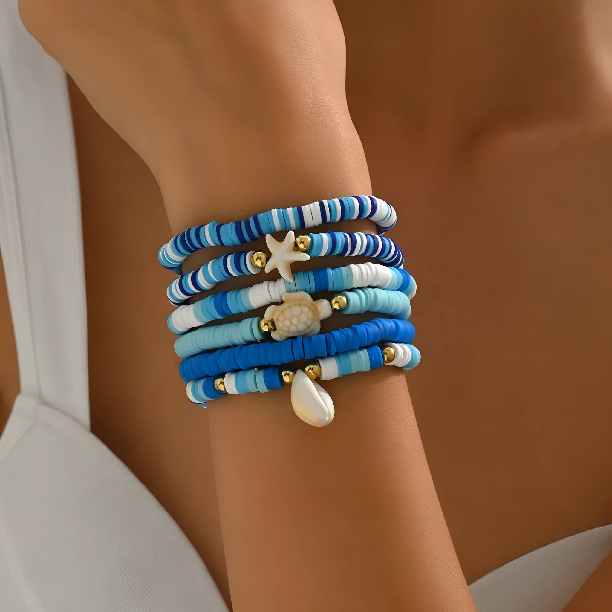 Bohemian blue polymer clay handmade shell bracelet suit set of 6 unisex bracelets on display