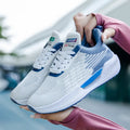 Men's blue casual mesh shoes with cloth upper and plastic sole on a white background.