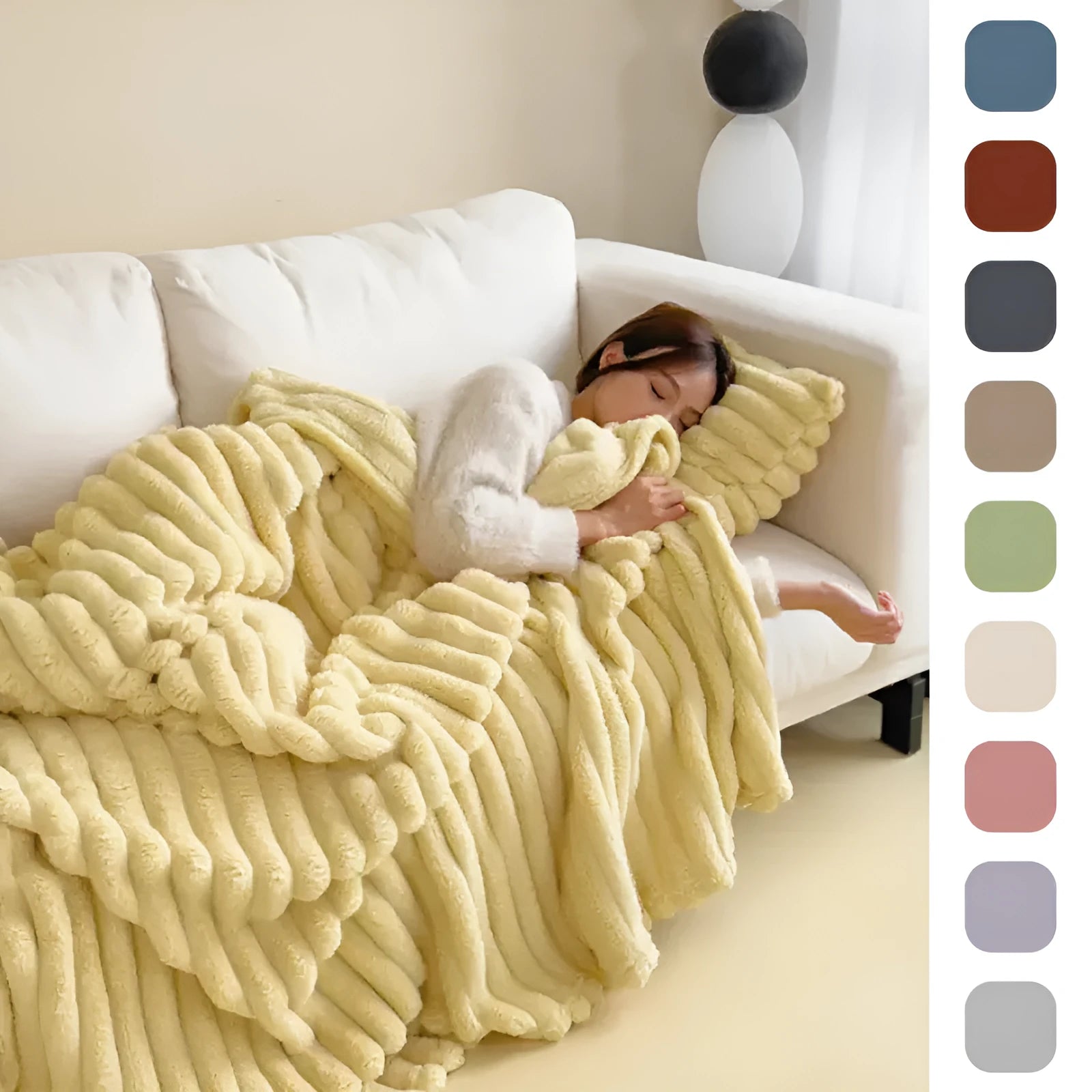 Double-sided bubble faux rabbit fur throw blanket in solid colour with soft velvet texture