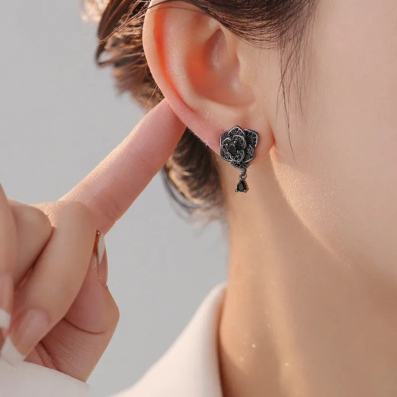 Black rose zircon flower stud earrings for women, 18K gold plated copper jewellery