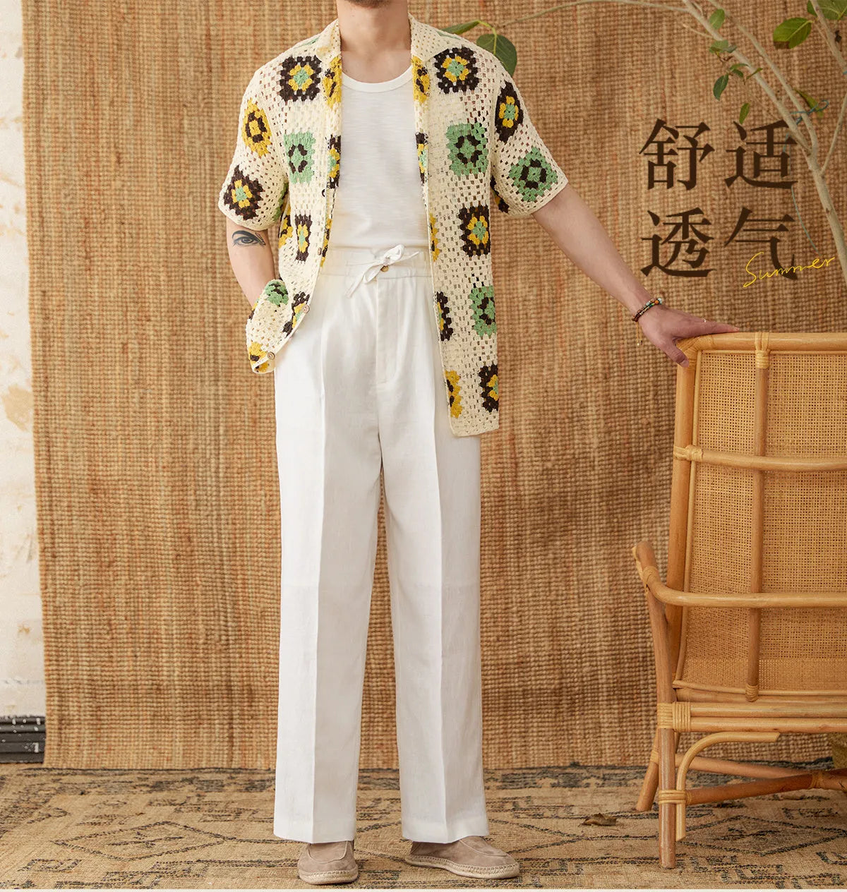 Linen straight-leg trousers with elasticated high waistband in greige colour
