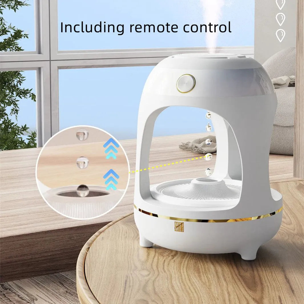 Anti gravity levitating water drops humidifier with LED night light, rose gold white, on desk