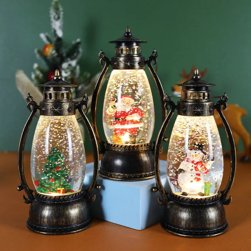 Crystal ball portable oil lamp Christmas ornament with plastic construction and paper-detailed seasonal figure