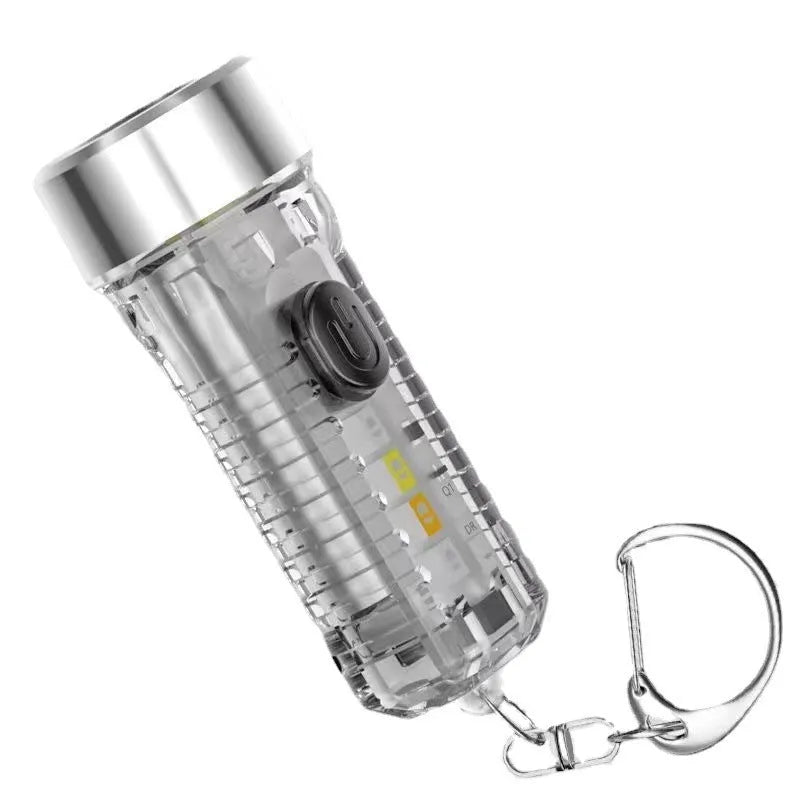 USB keychain light in red colour, ultra-thin ABS construction, mini portable torch with keychain attachment