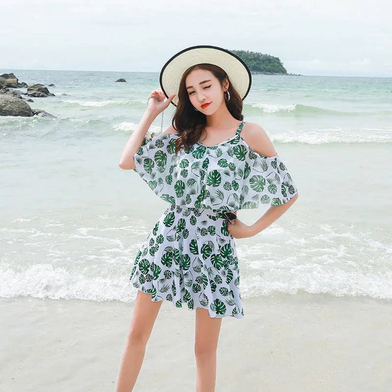 Women's polyester one-piece swimsuit in solid colour pattern green leaf style