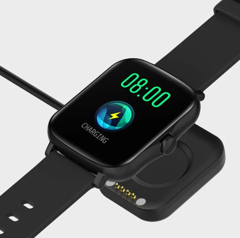 Blue smart sports watch with 1.7-inch touchscreen display showing heart rate monitoring interface