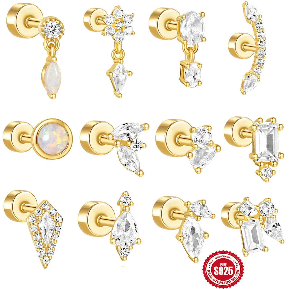 S925 sterling silver flat column geometric ear bone stud with threaded post in gold electroplated finish.