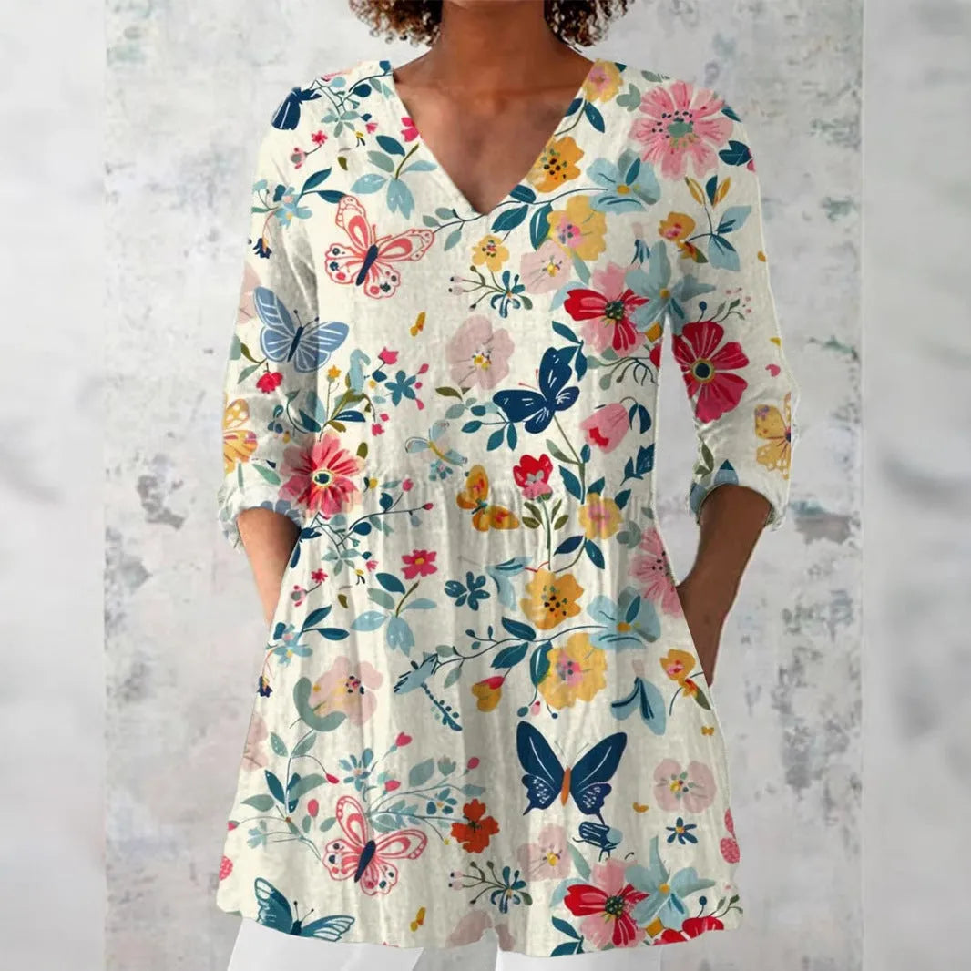 Women's retro slim fit printed long-sleeved polyester top in various colours and sizes