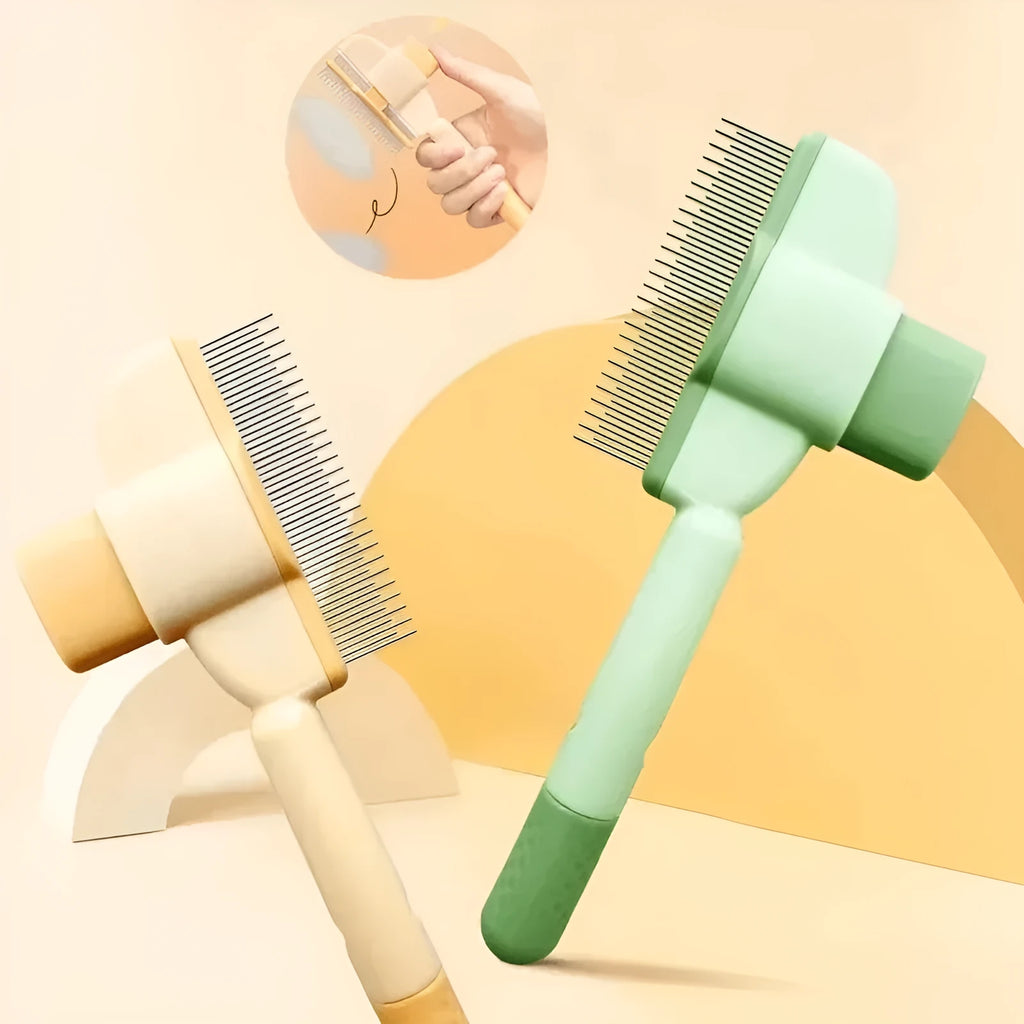Green pet grooming brush with one-click hair removal button, gentle bristles for dogs and cats, anti-mite shedding tool