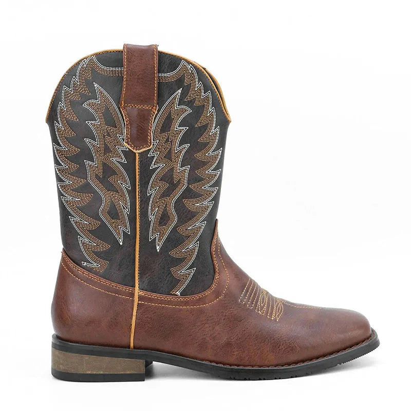 Western denim square toe motorcycle men's boots with embroidery and wedge heel in black