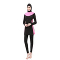 Black women's hooded long sleeve swimsuit with matching pants, shown in conservative one-piece style.
