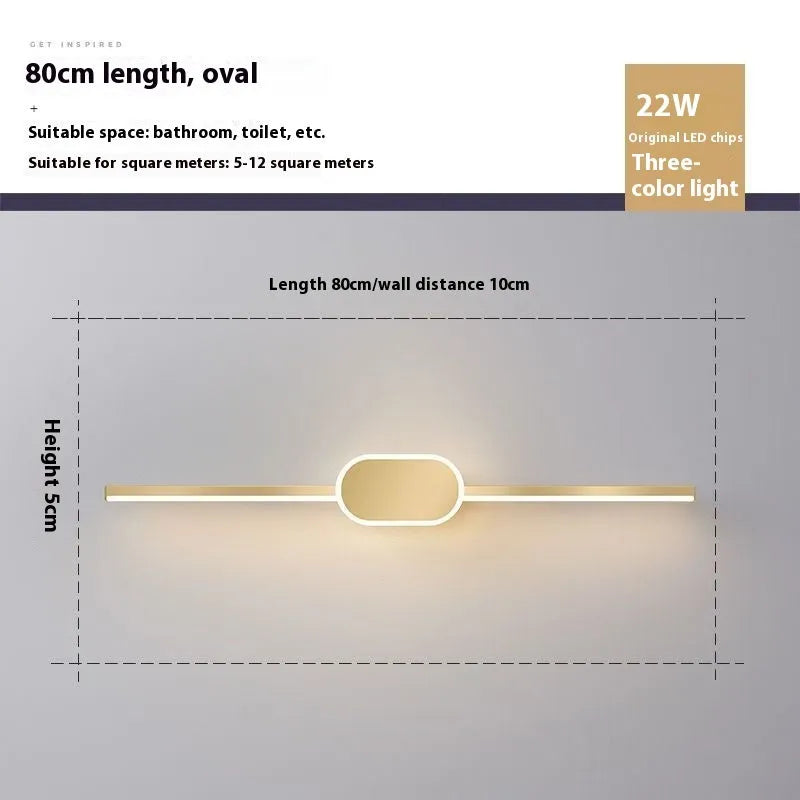 Modern bathroom mirror cabinet with LED vanity lights and a gold-toned frame.