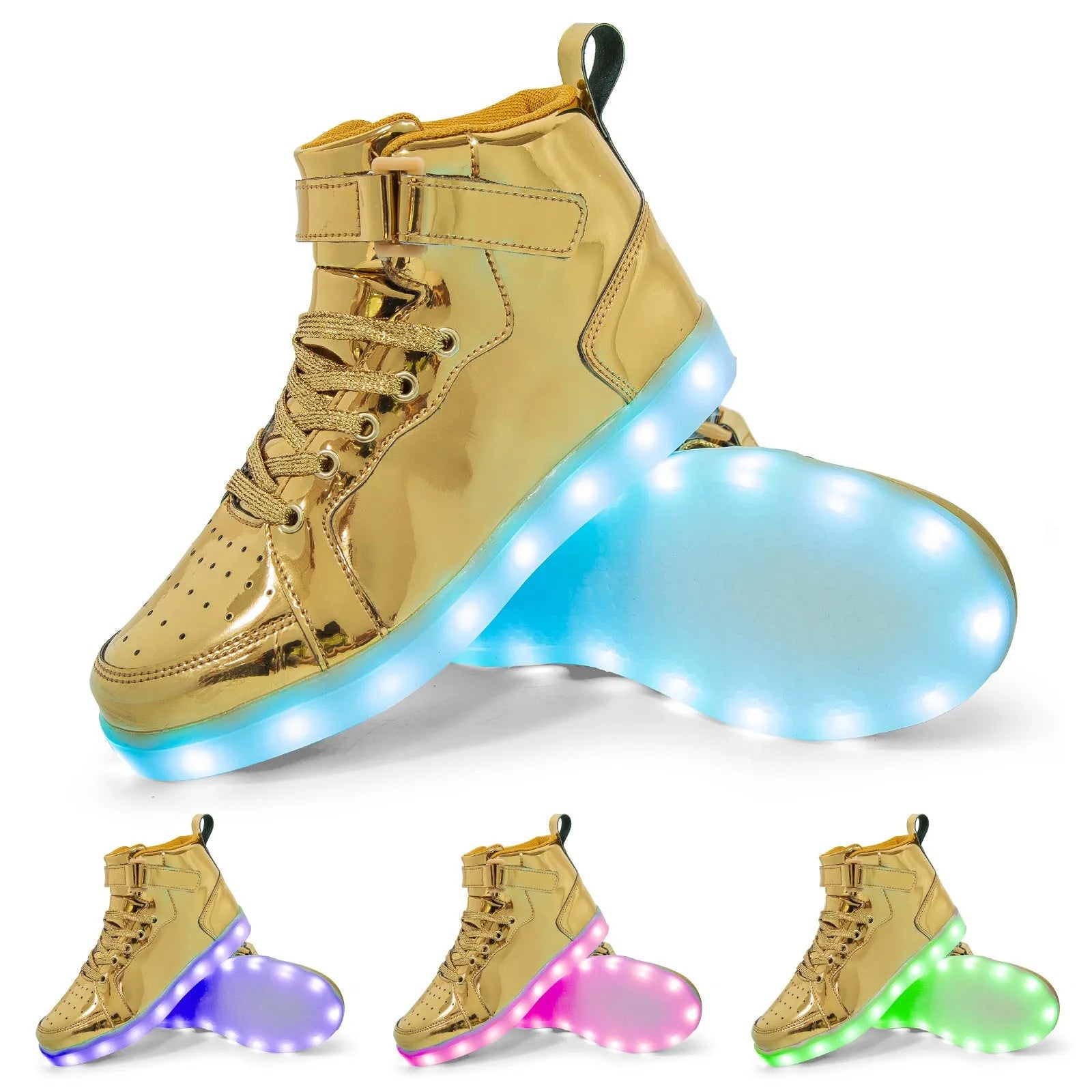 LED high-top board shoes with velcro strap and light-up sole in black, gold, and white colours