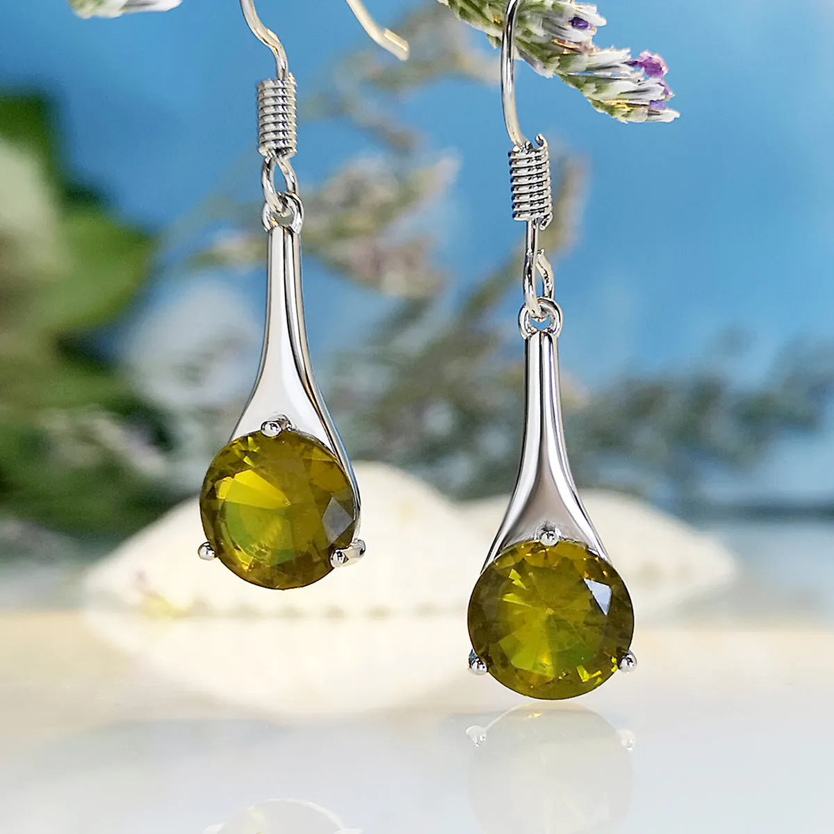 Olive green topaz drop earrings with water drop shape in retro electroplated alloy design