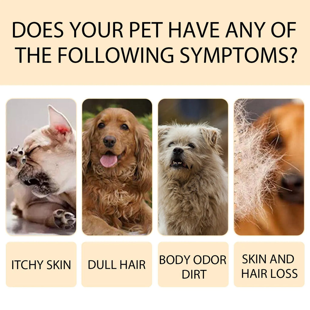Mild dog shampoo bottle in 100ml and 300ml sizes for gentle coat cleansing