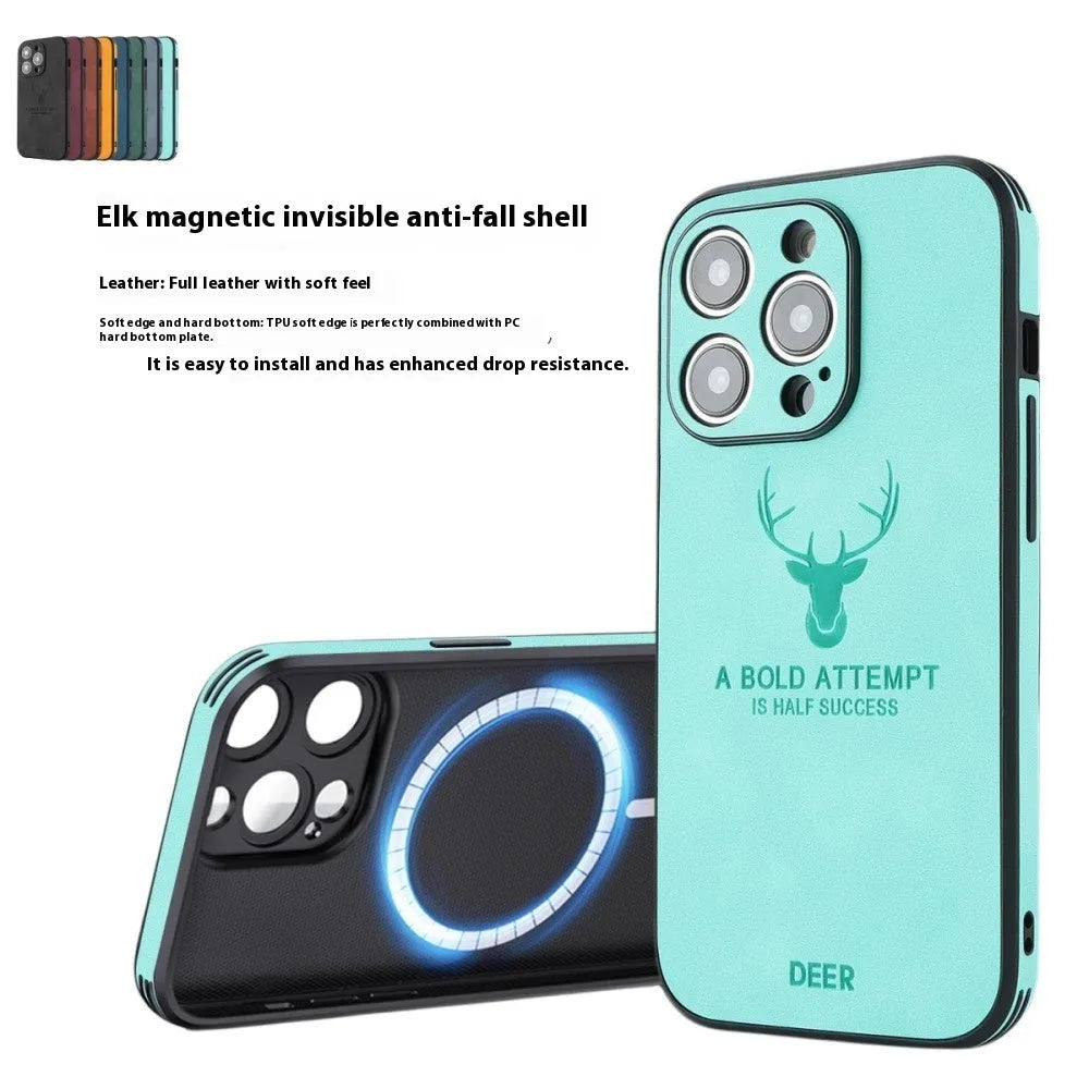 iPhone 16 magnetic charging case with embossed moose head design on imitation leather in multiple colour options