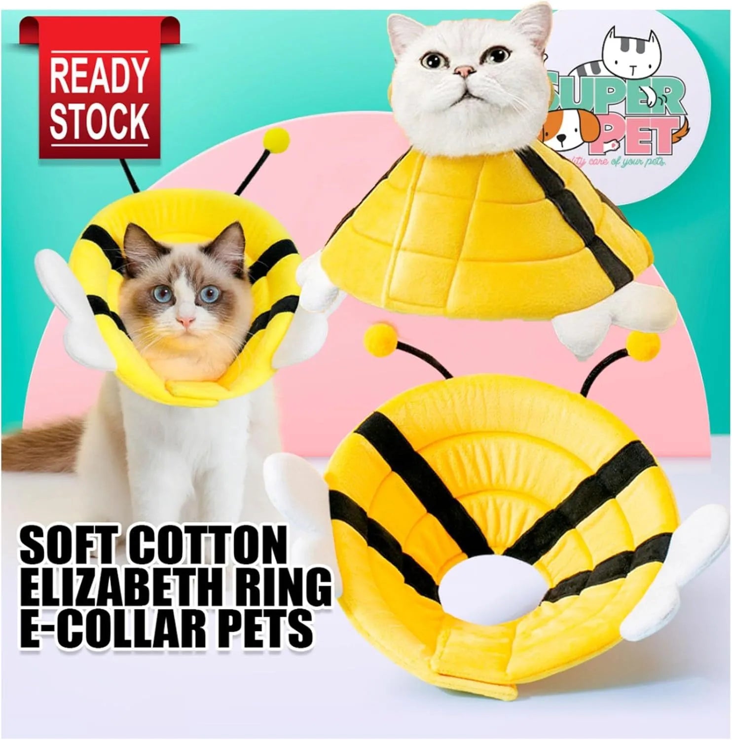 Soft cat cone collar with black and yellow bee design and adjustable Velcro strap.