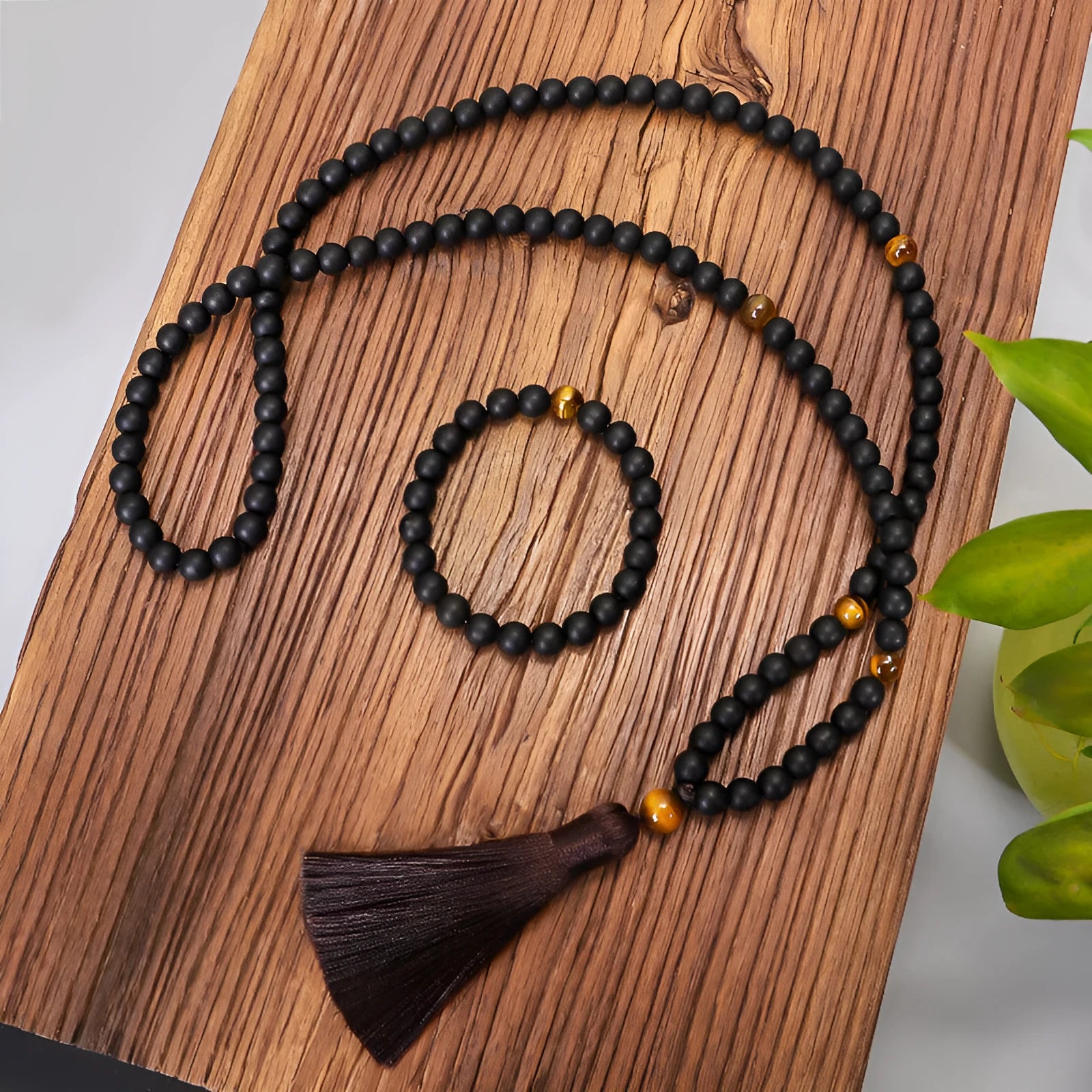 108 stone tigereye yoga beaded bracelet necklace set with tassel pendant