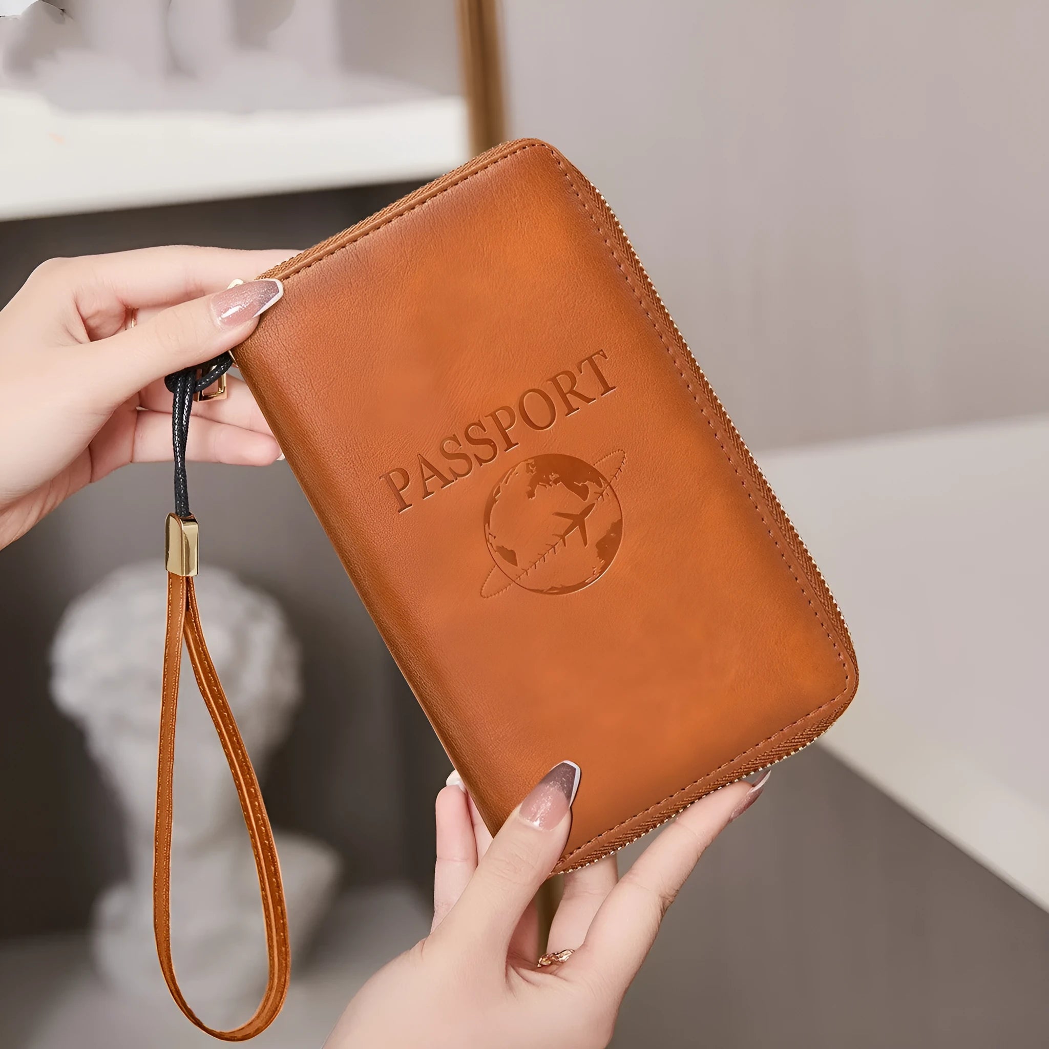 Multifunctional waterproof PU travel document organiser with letter design, 18.5x2.5x11cm in black