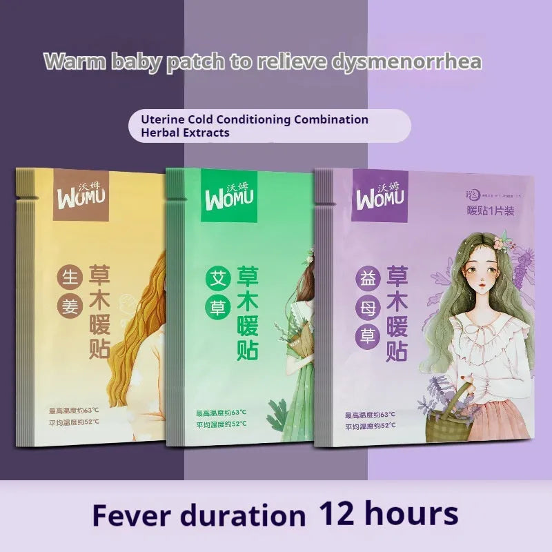 Self-heating uterus warming plaster showing four herbal options: argy wormwood, ginger, motherwort, and sea salt warm stickers