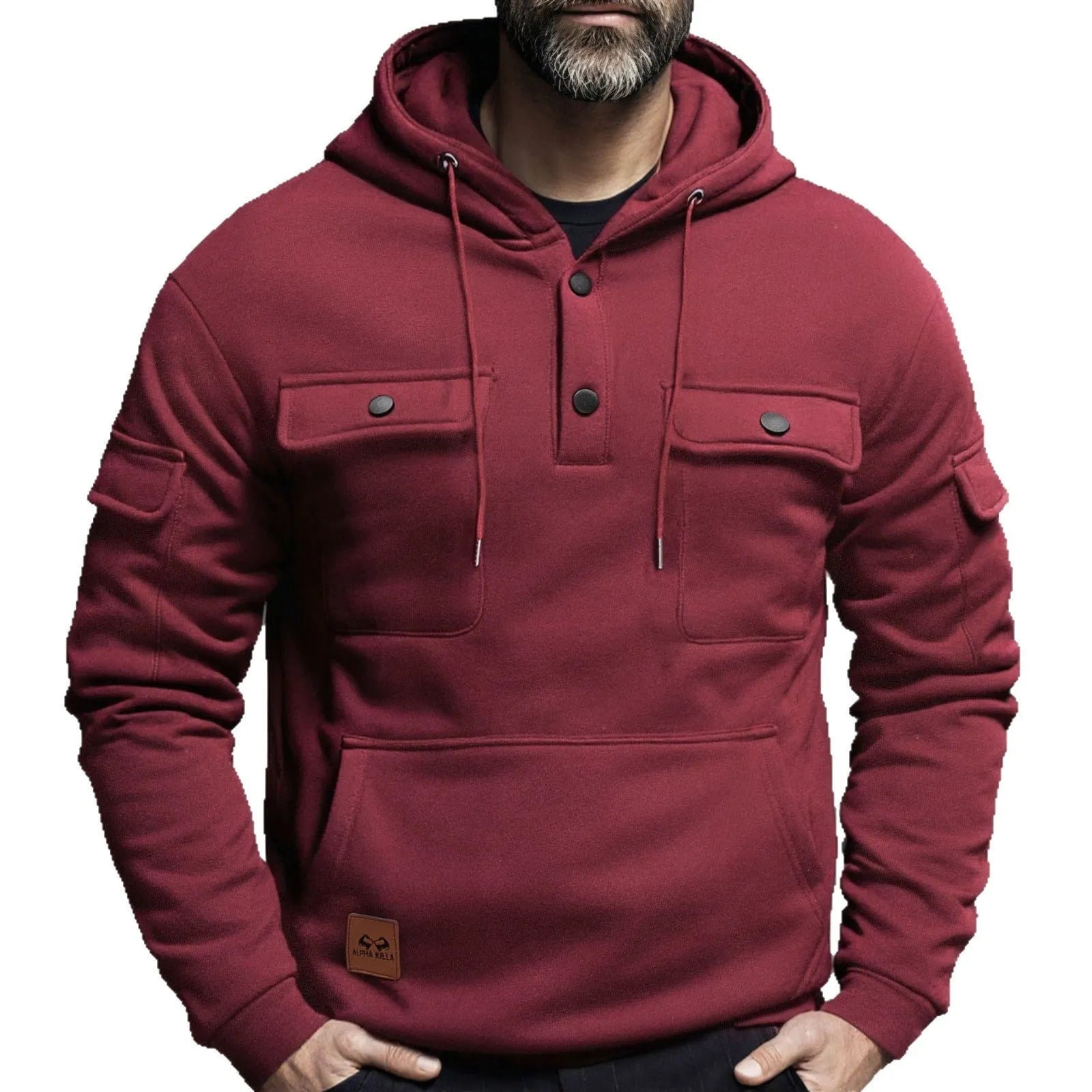 Men's solid colour multi-pocket pullover sweater with wool lining in black, front view, loose fit