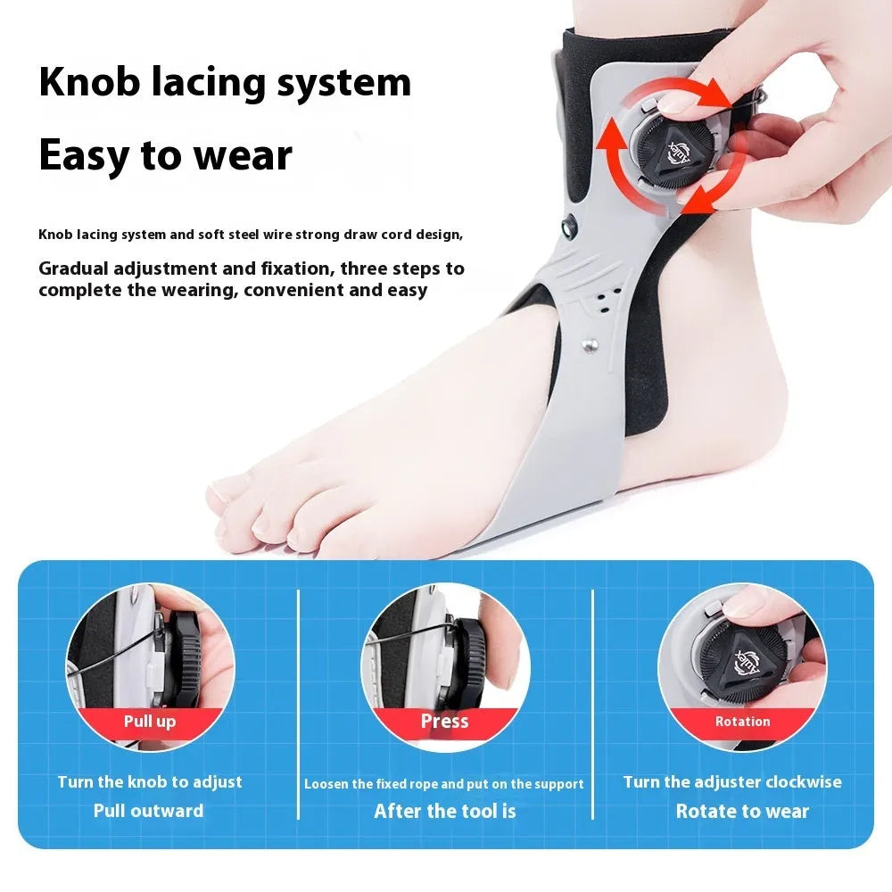 Grey and black ankle fixation brace with airbag button, shown in left and right foot sizes.