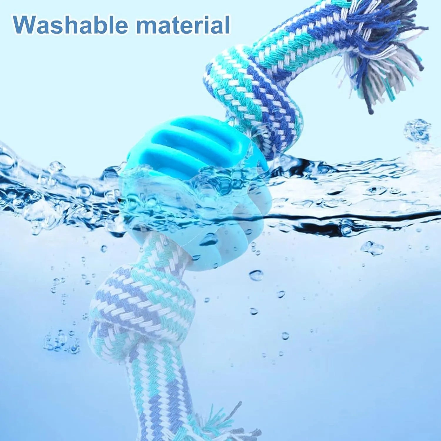 Blue molar-shaped dog chew toy with integrated rope elements for dental cleaning