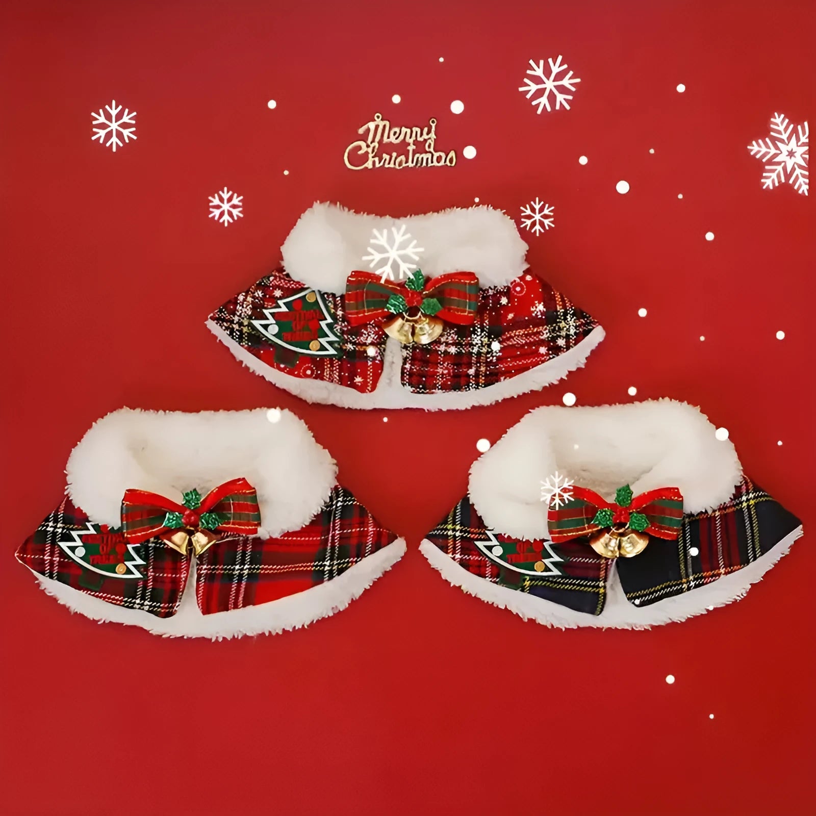 Pet festive scarf in snowflake and bell designs on red and blue backgrounds for dogs and cats