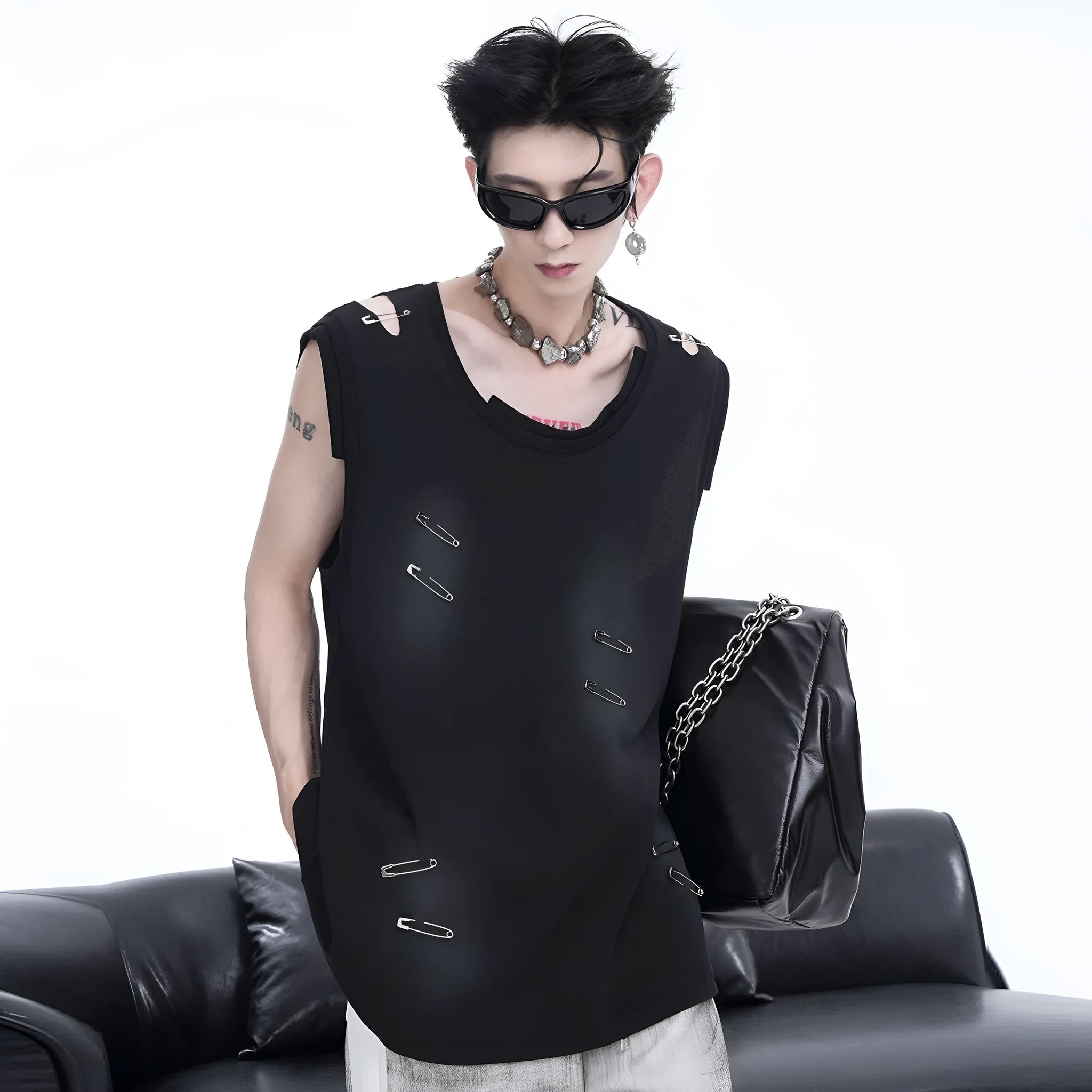 Black men's sleeveless vest with ripped irregular cut design and round neck collar.