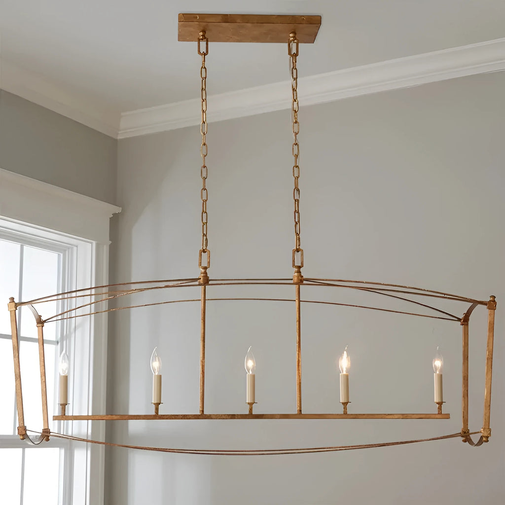 4-head iron droplight ceiling lamp in gold foil finish on a white ceiling with simple villa stair setting