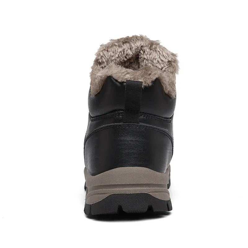 Men's black winter boots with plush lining, lace-up design, thick rubber sole, and round toe