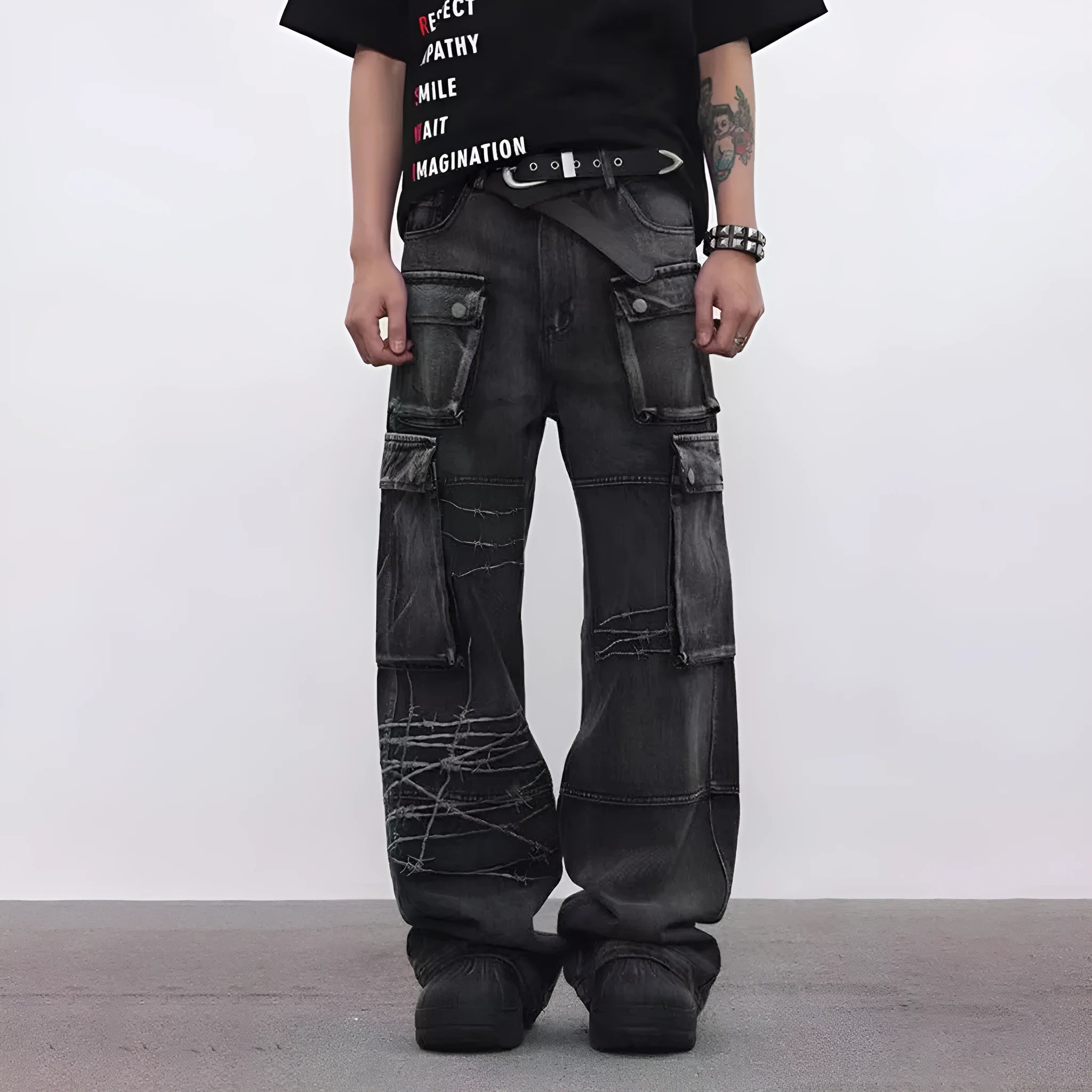 Men's black cotton loose-fitting wide-leg trousers with embroidery, front view, size M-XXL