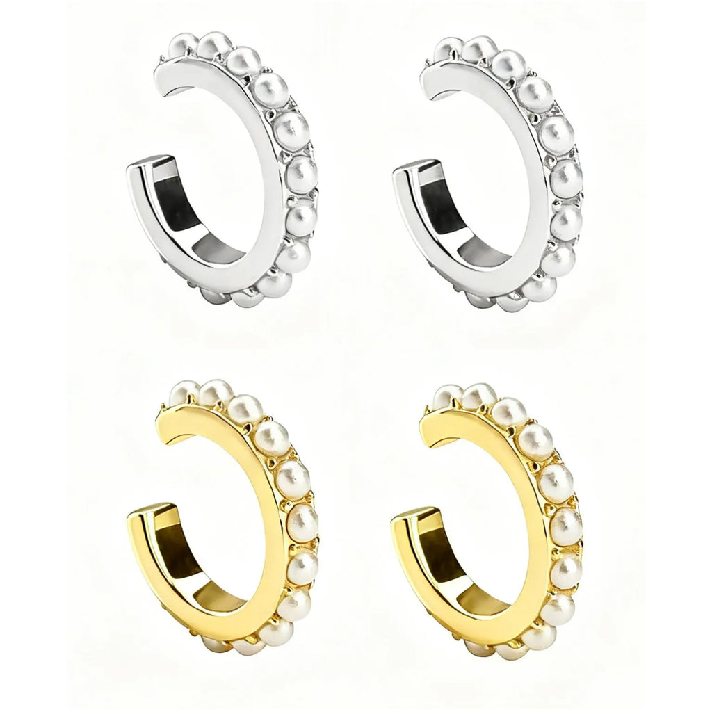 925 sterling silver 18K electroplated artistic pearl ear clip in gold finish with round imitation pearls and geometric frame