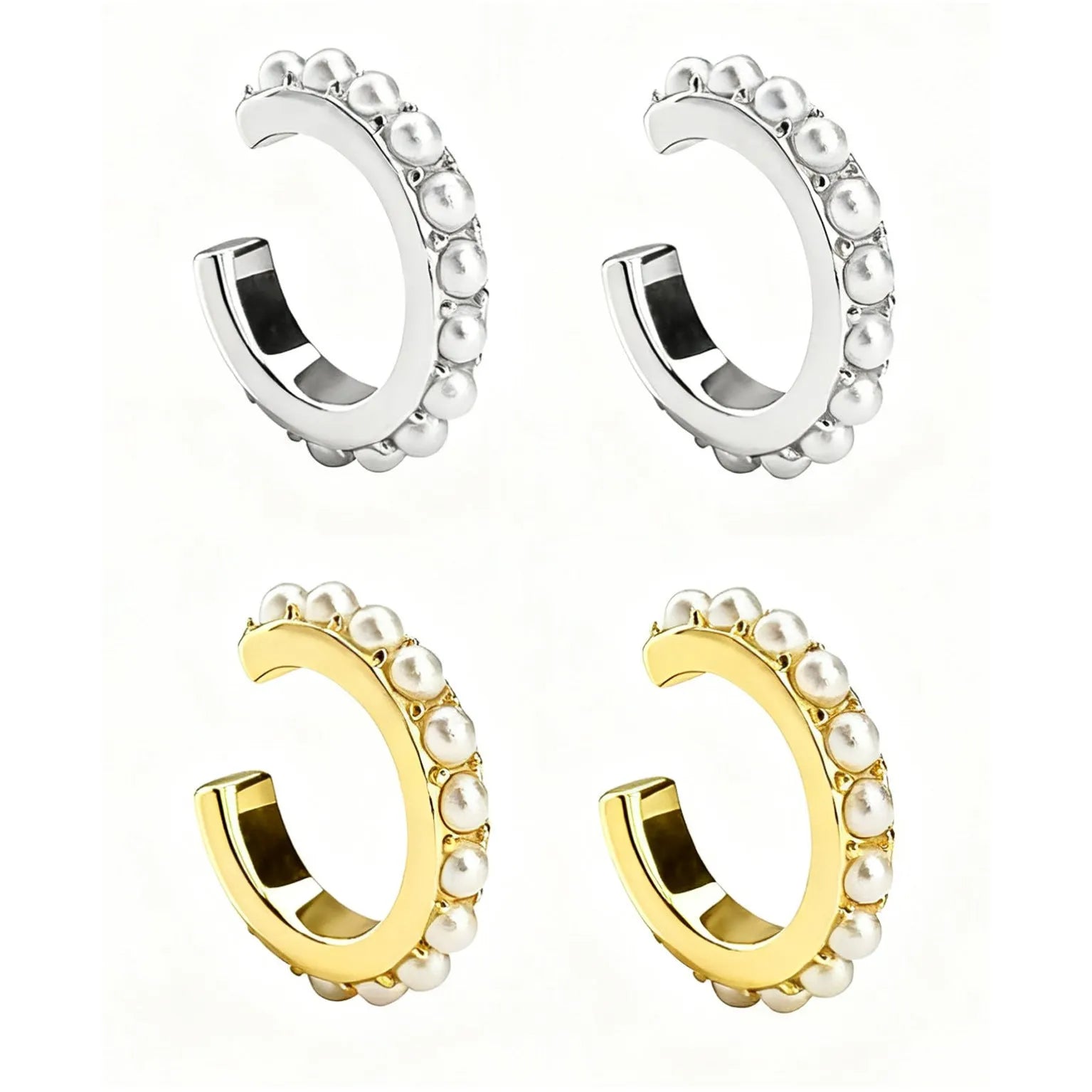 925 sterling silver 18K electroplated artistic pearl ear clip in gold finish with round imitation pearls and geometric frame