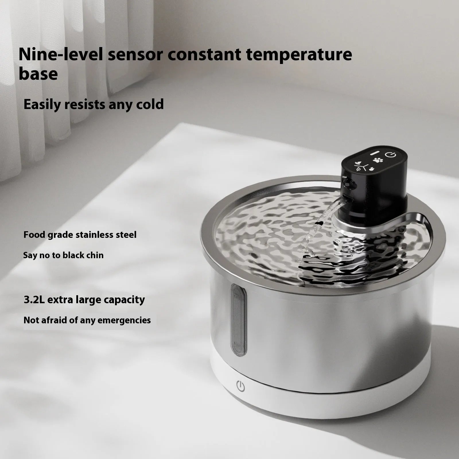 Stainless steel heated water fountain for cats and dogs with nine temperature settings