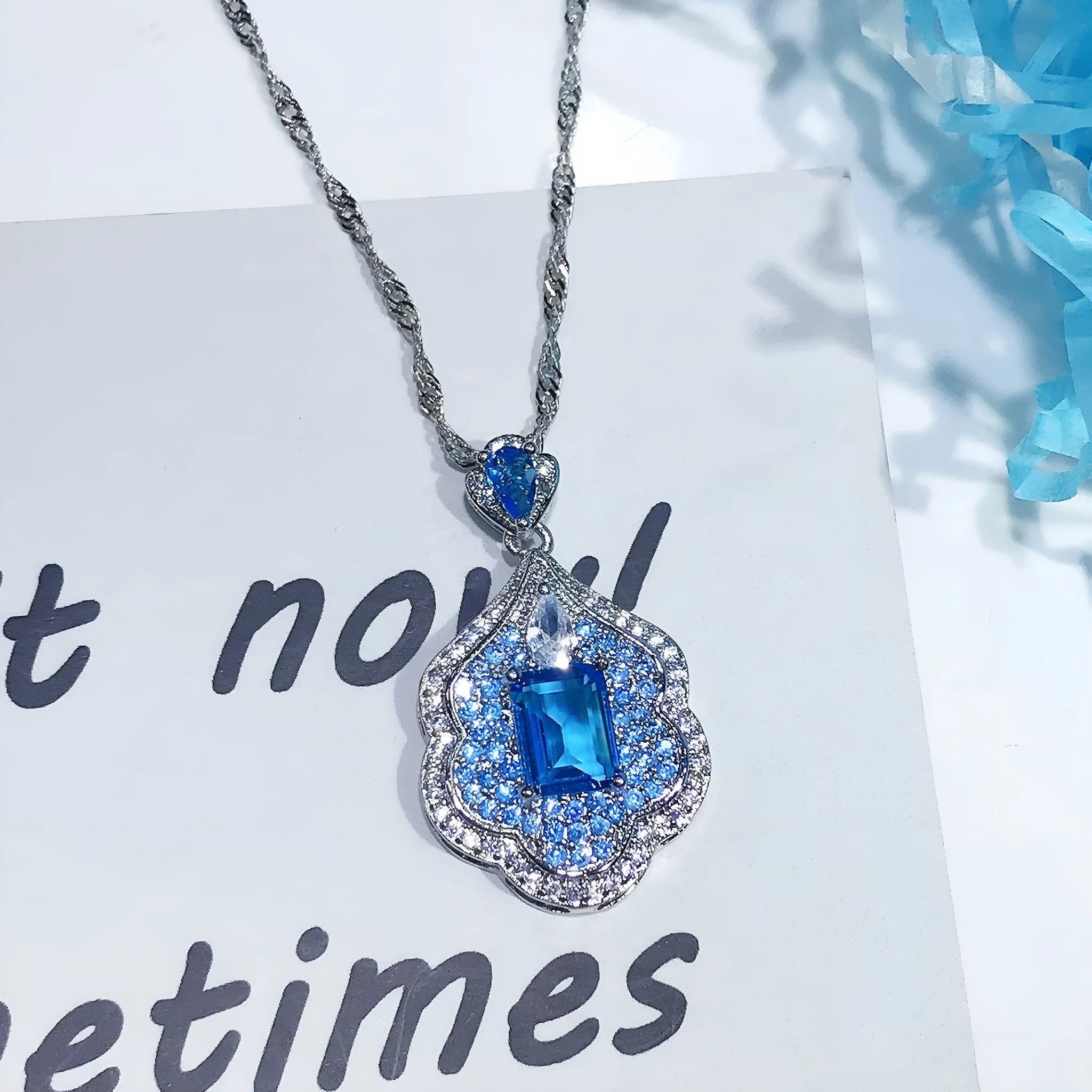 Personality Aquamarine Topaz Sky Mirror Pendant sea blue geometric shape copper pendant without chain