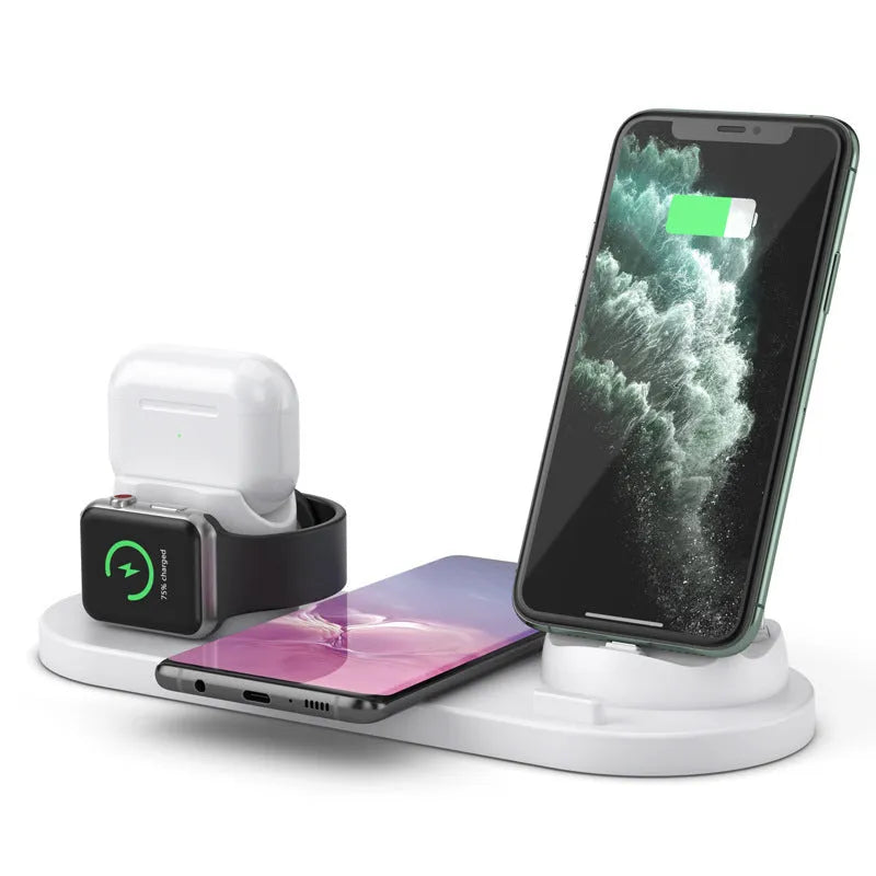 Multifunctional 6-in-1 wireless charging mobile phone holder in black with phone, AirPods and iWatch docked