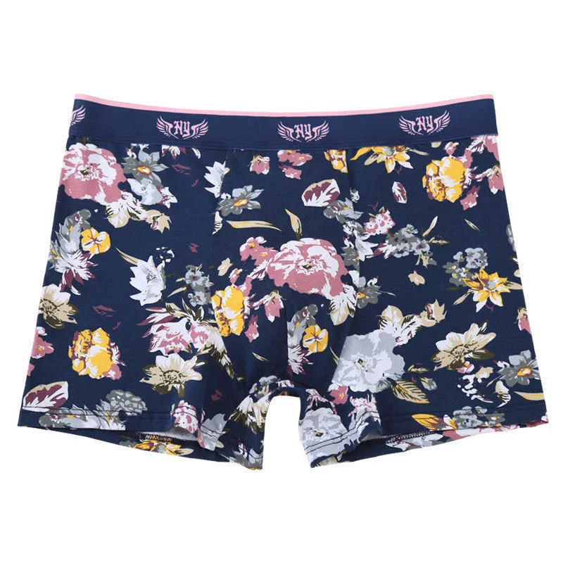 Men's cotton boxer briefs with floral pattern and U-shaped pouch design on a mid-waist.