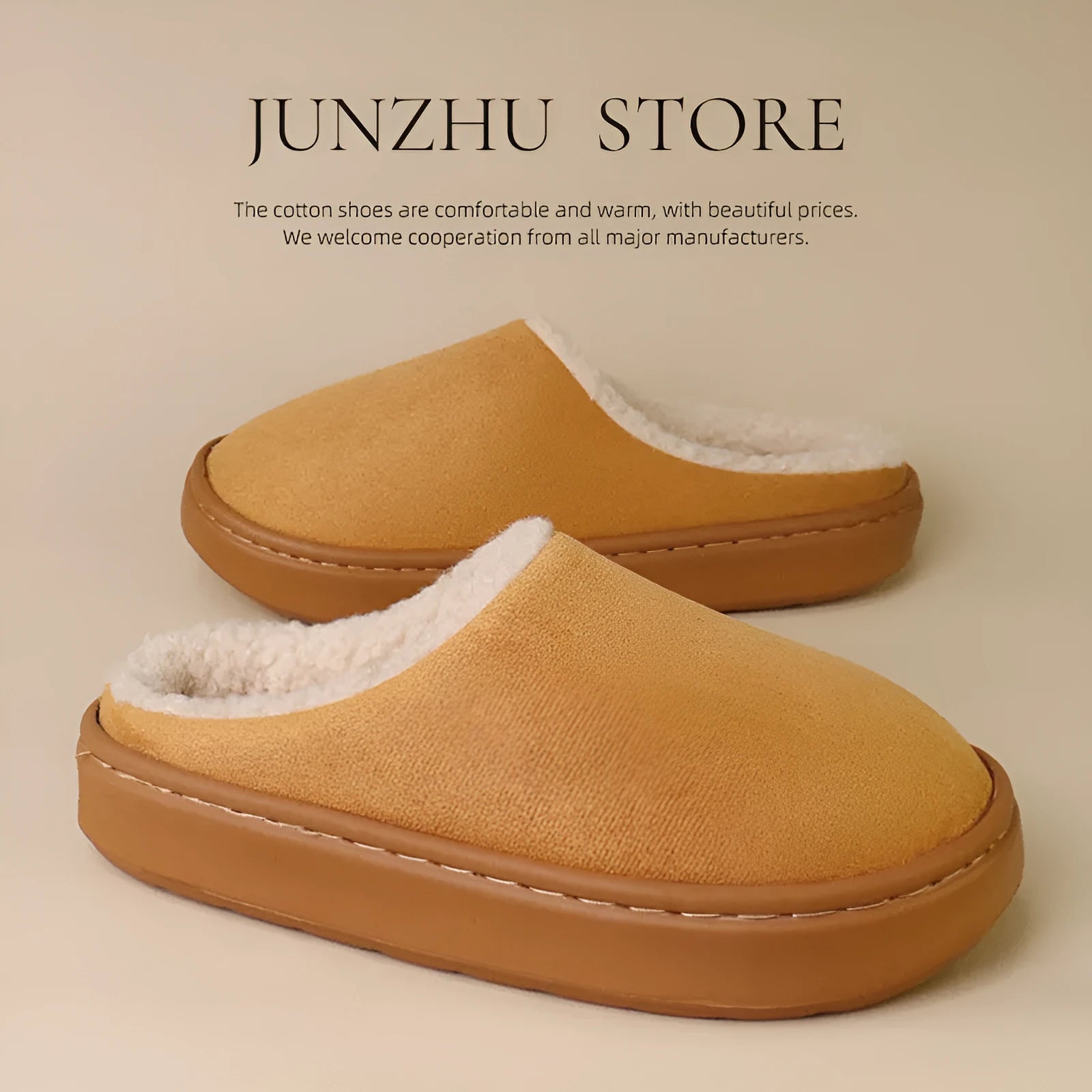 Indoor anti-slip plush slippers with rubber sole and satin upper in beige colour, round toe design, available in multiple sizes.