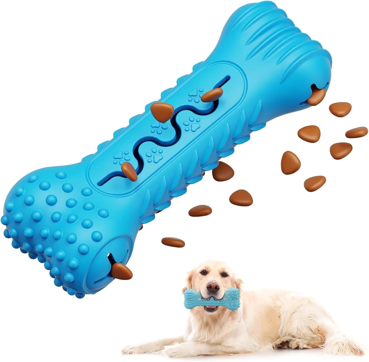 Natural rubber bone-shaped dog chew toy in blue, green and orange colours for aggressive chewers