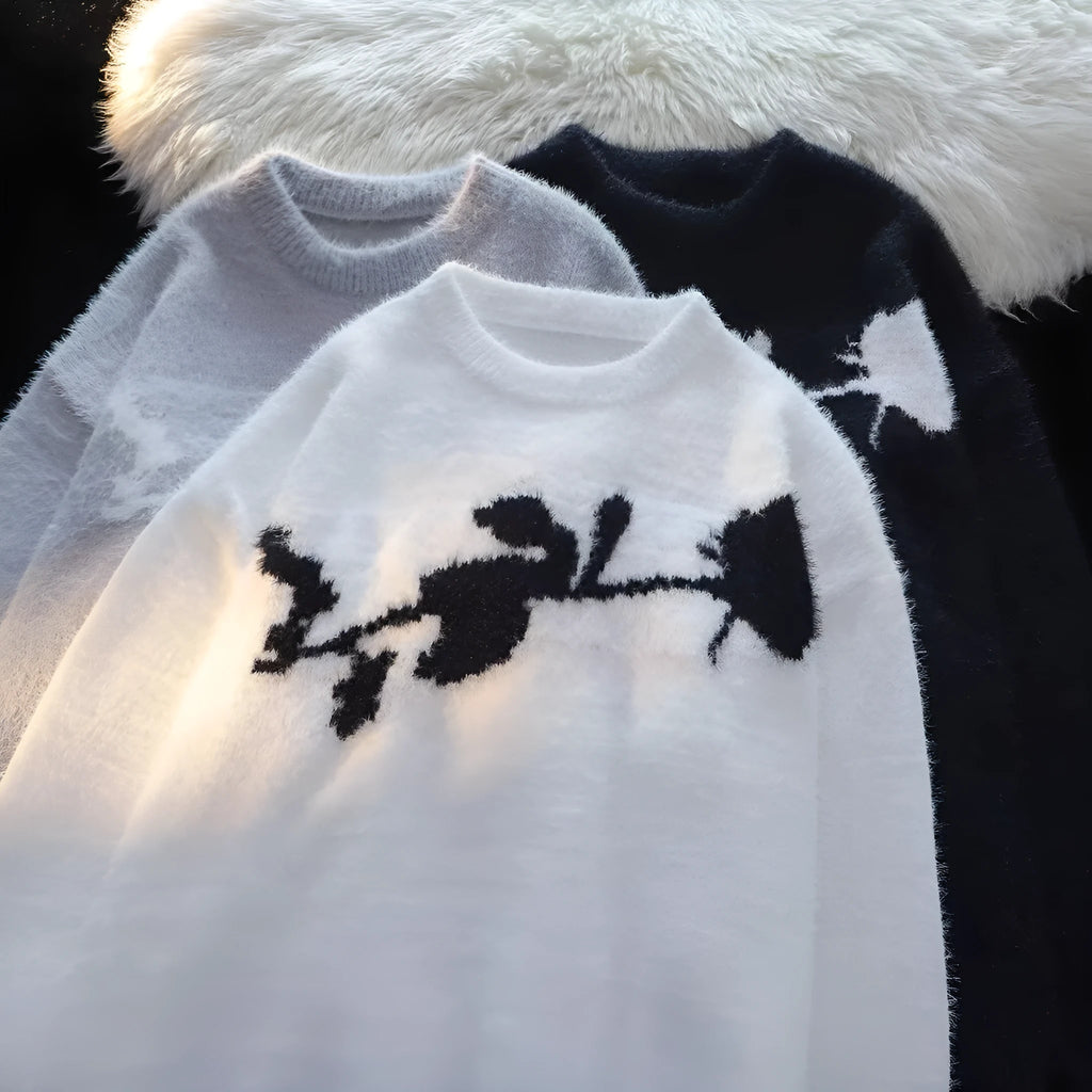 Men's dark rose flocking horse pullover sweater in cotton blend, black colour, long sleeves