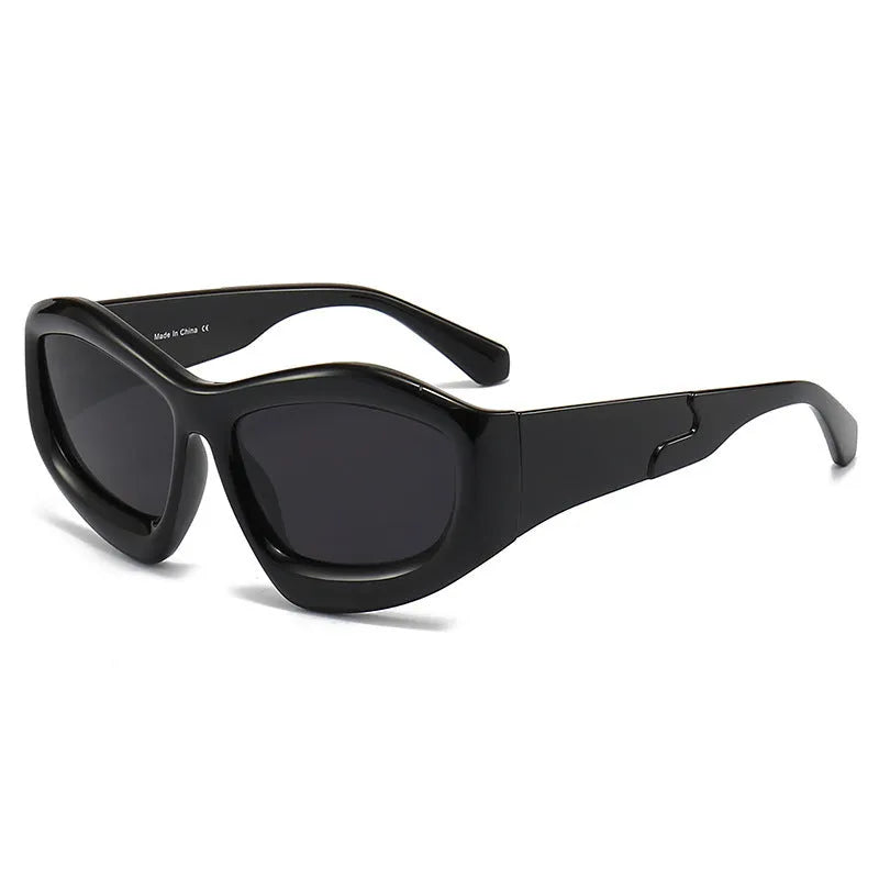 Unisex concave shape sunglasses with bubble design in black frame and black grey lens for outdoor sun protection
